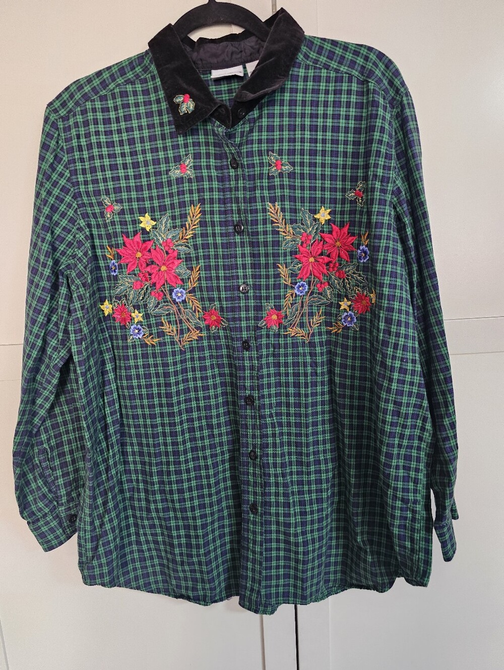 Vtg Bobbie Brooks Plaid Christmas Flannel Shirt Velvet Collar Poinsettia 18 20